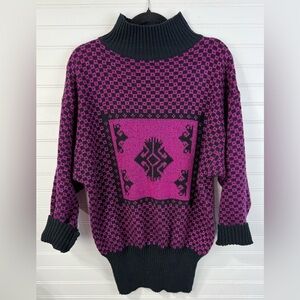 Midnight Blues vintage women’s magenta & black shimmer Aztec checkered sweater L